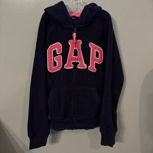 GAP Full Zip Hoodie Sweatshirt Fleece Jacket Pink Lined Navy Blue (Youth Large)